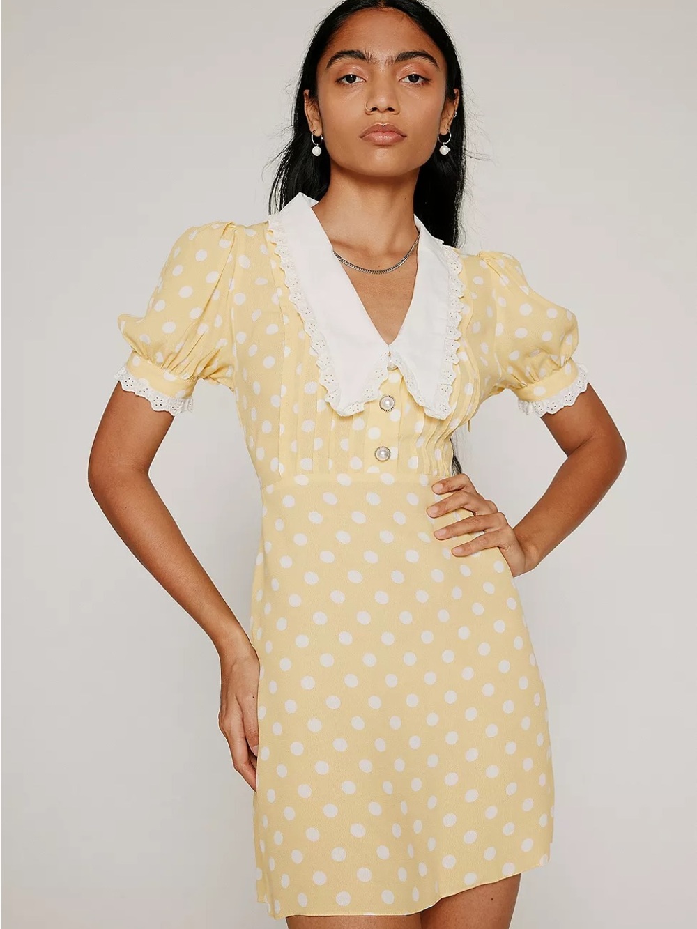 KIMCHI BLUE Yellow Polka Dot Puff Sleeve Dress with White Collar